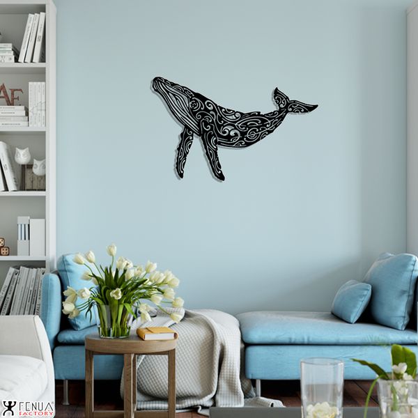 Fenua Factory création murale en métal de baleine à bosse salon bleu