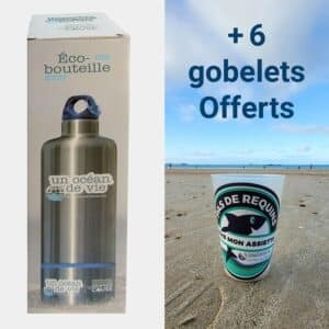 Eco-bouteille isotherme 500 ml acier inox 'Un Océan de vie' plus 6 gobelets réutilisables 'Pas de requins dans mon assiette'