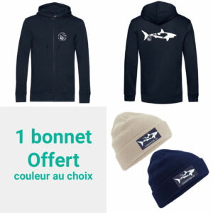 Lot Sweat zippé homme requin “Respect et Bienveillance” + Bonnet coton organique offert